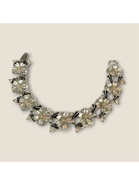 Vintage Judy Lee Silver-Tone Floral Bracelet With Rhinestones -  7 Inches